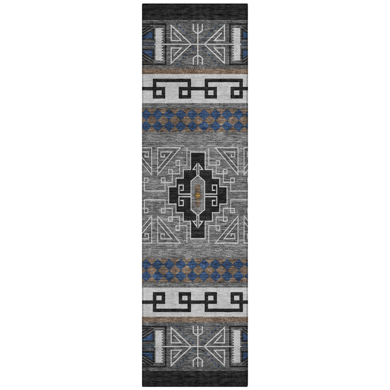 Machine Washable Indoor/Outdoor Chantille Tribal Rug, Black, 2'3" x 7'6" Runner
