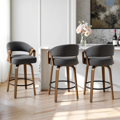 Tabouret de bar pivotant à 360 ° de style Mid-Century moderne en noyer avec dossier courbé rembourré (ensemble de 3)