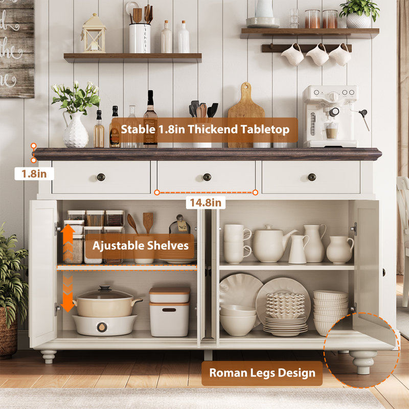 Saskia 4-Door 3-Drawer Sideboard With Farmhouse Design, White/Brown