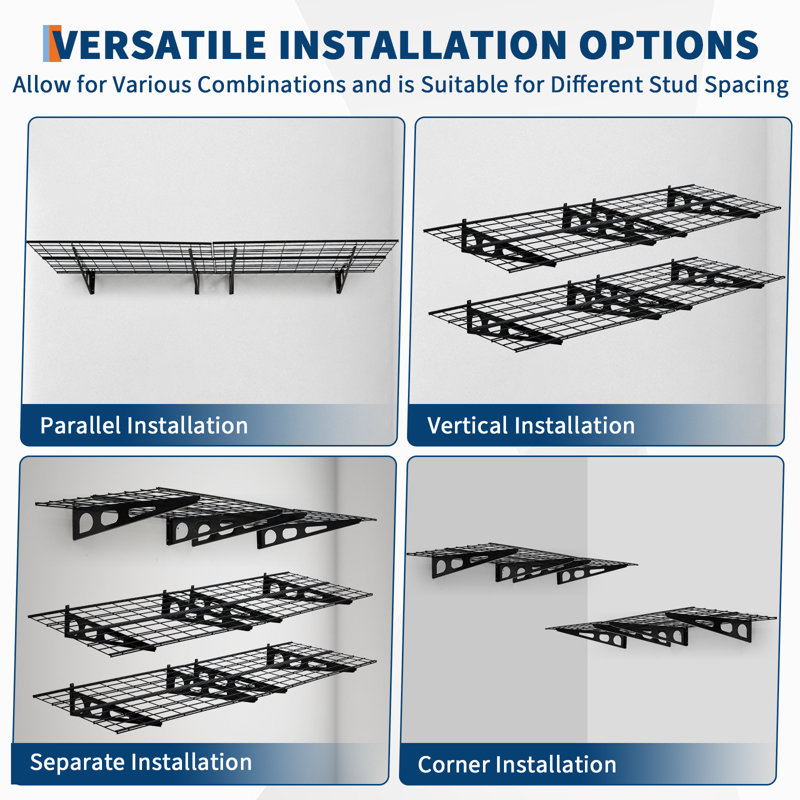 Paquet de 2 tablettes de rangement pour garage de 2 pi x 6 pi, fixation murale de 24 po x 72 po, 1 600 lb, tablettes de rangement robustes, étagère de rangement murale pour garage