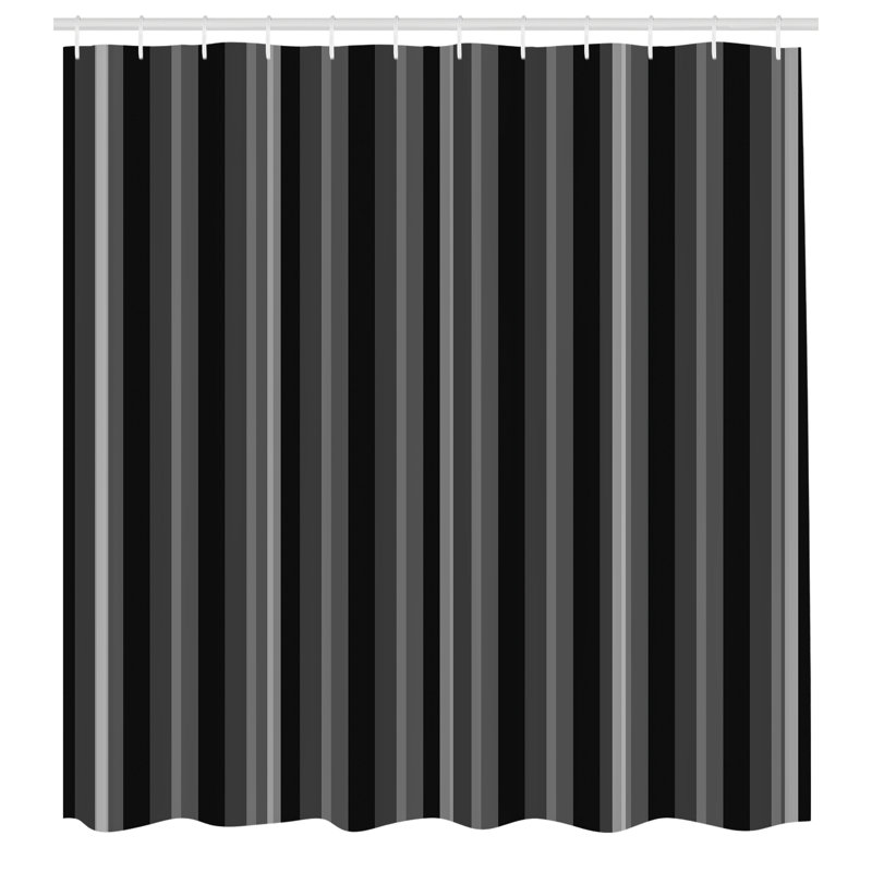 Black and Gray Striped Fabric Shower Curtain with Hooks