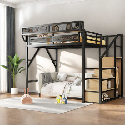 Lit mezzanine double avec rangement, escalier métallique et armoire, maison de style industriel moderne