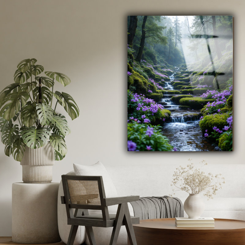 Fleurs mauves, forêt, art mural en verre trempé, H 12 po x l 8 po