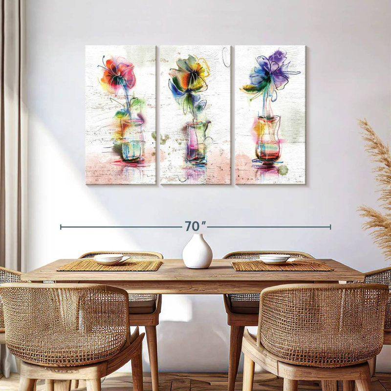 Rustic Colorful Flowers - 3 pièces, reproduction sur toile tendue, H 36 po x l 57 po x P 1,25 po