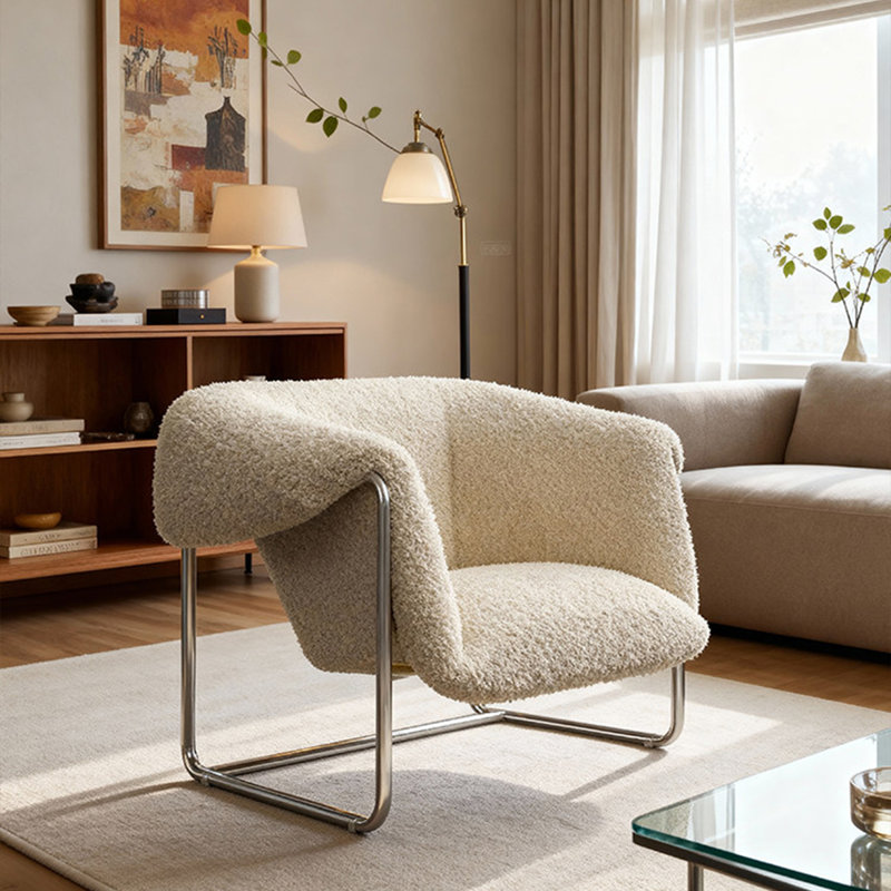 Fauteuil décontracté rembourré en acier inoxydable de style moyen-âge en tissu d'agneau