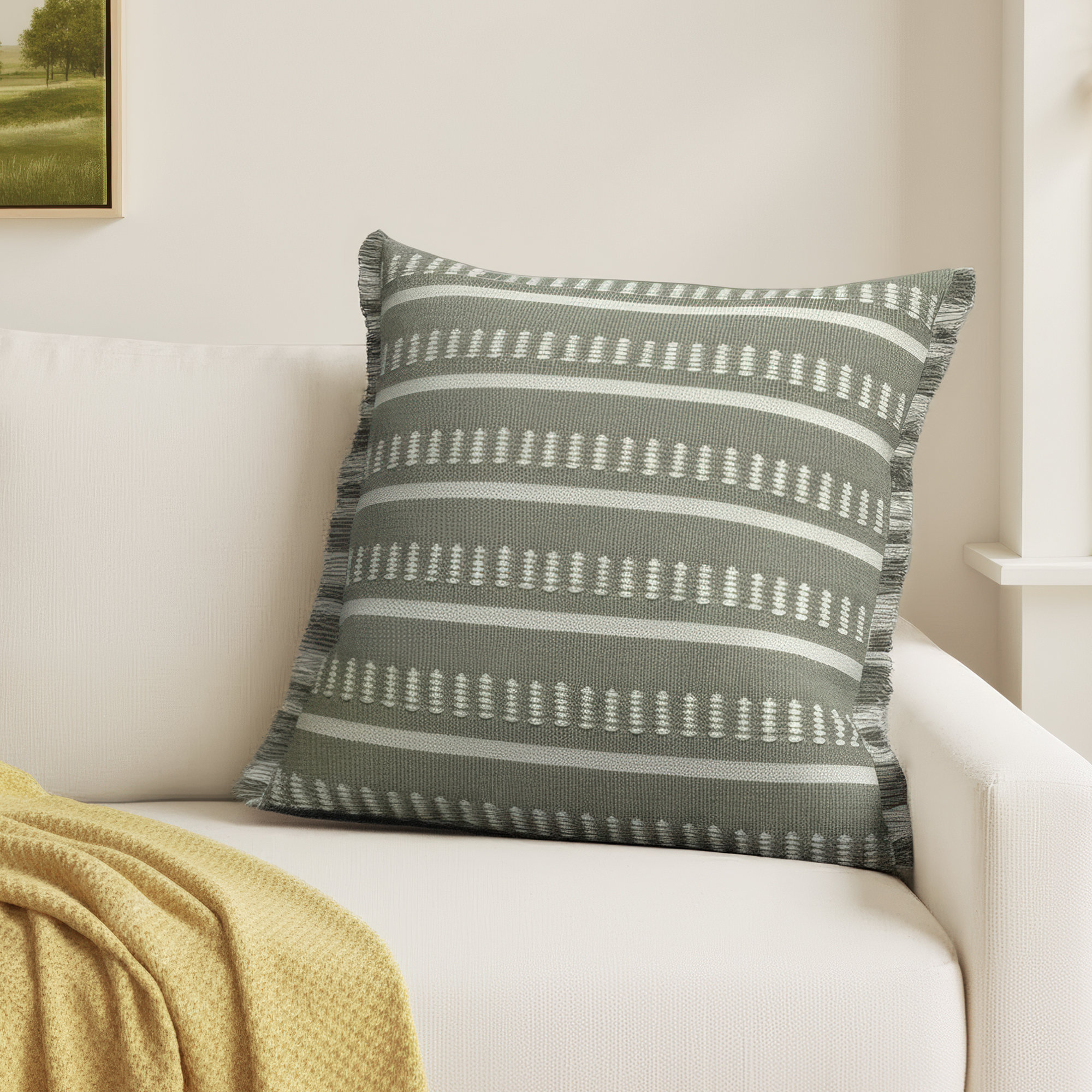 Ava Fringed Indoor/Outdoor Throw Pillow, Green, Polyester/Polyfill
