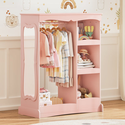 Armoire en bois pour enfants, garde-robe de jeu de rôle avec miroir incassable, tringle suspendue et tablettes de rangement ouvertes, garde-robe pour chambre d'enfant
