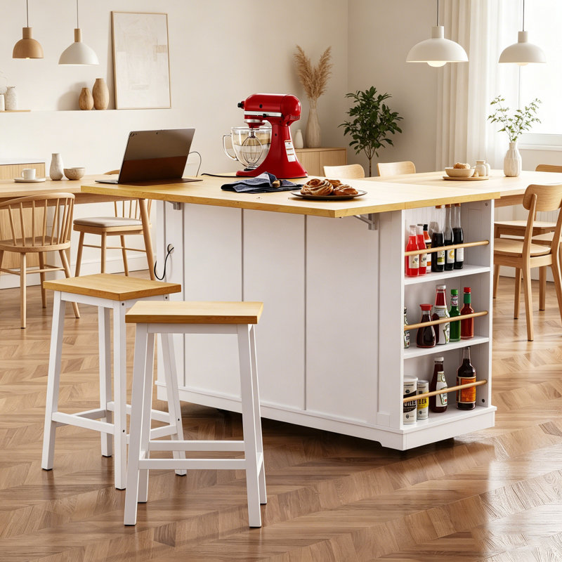 53" Large Kitchen Island with Drop Leaf, Power Outlet & Internal Storage Rack, Rolling Kitchen Cart with 5 Wheels & 5 Open Side Racks for Kitchen, White (Stools Not Included)