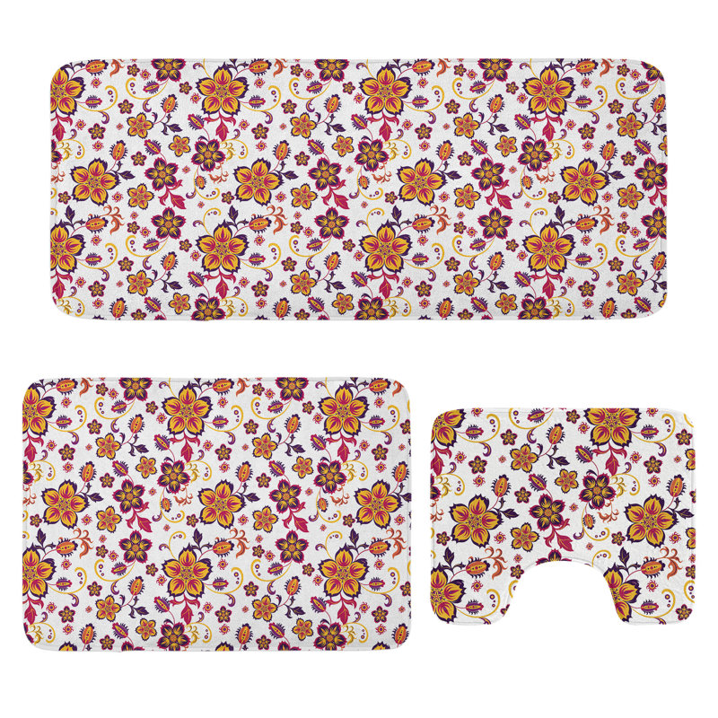  Ensemble de tapis de salle de bain floral 3 pièces en forme de U et de tapis rectangulaires jaune mauve magenta