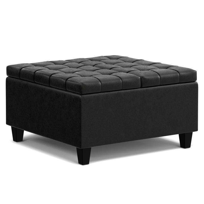 Harrison 30"W Upholstered Square Coffee Table Storage Ottoman with Split Lift Top, Harrison Distressed Black Faux Leather