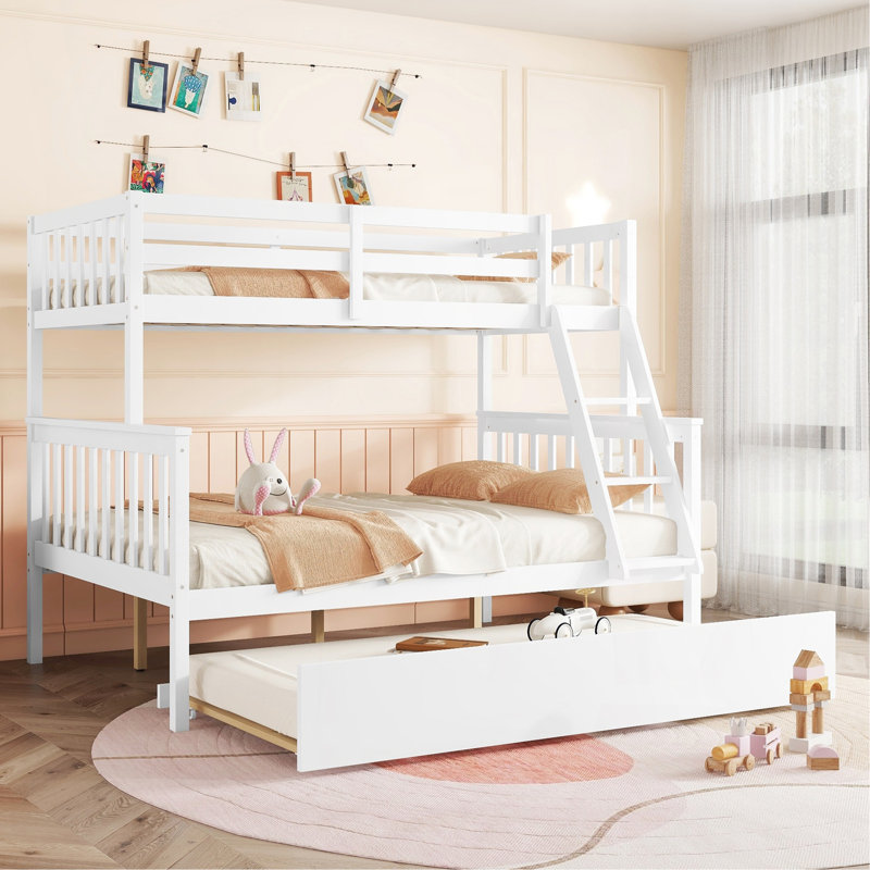 Lit simple superposé en bois d'hévéa simple avec lit gigogne, échelle convertible et garde-corps, lit convertible détachable, avec lit gigogne simple, blanc