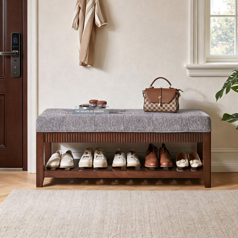 Banc de hall d'entrée en bois massif avec coussin rembourré et range-chaussures inférieur, banc de rangement rembourré pour le couloir et le salon