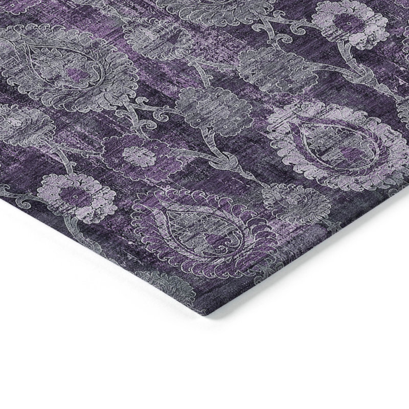 Tapis mauve / gris en polyester tissé à la machine Malchow, Rectangle 5 pi x 7 pi 6 po