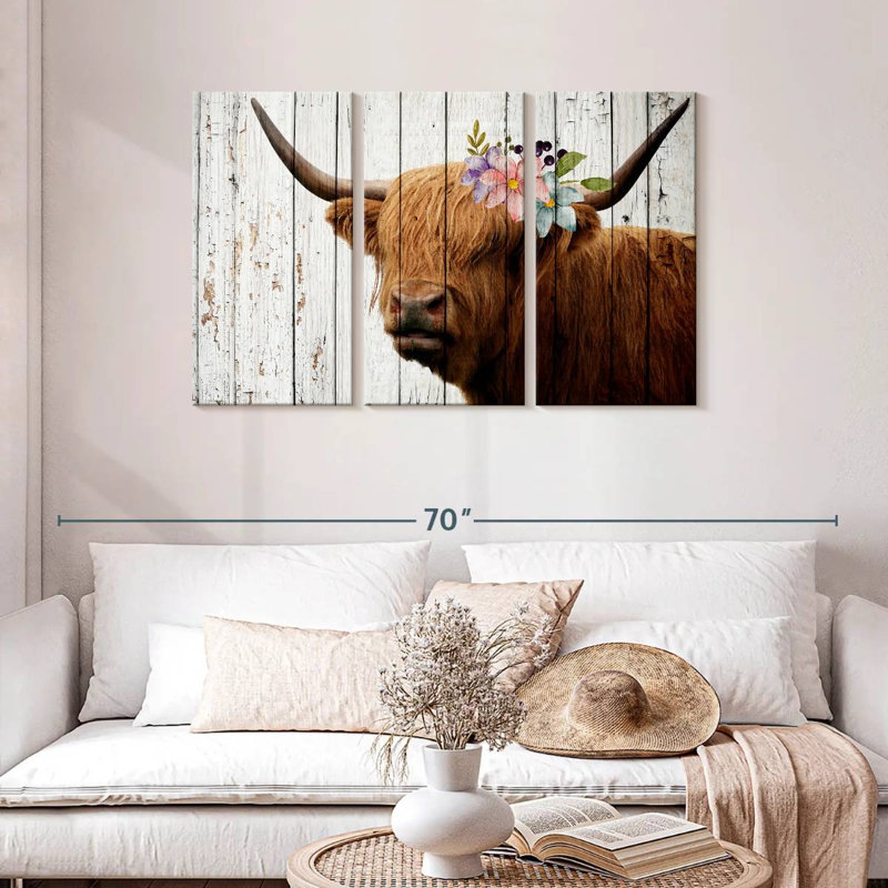 Brampt Wooden Floral Highland Cattle, 28" H x 45" W