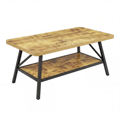 Table basse rectangulaire de 39 pouces de style industriel avec coins ronds, étagère de rangement à 2 niveaux avec table d'appoint en bois et structure en métal stable, petite table centrale pour le salon