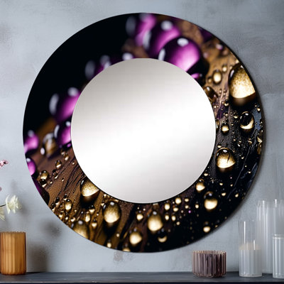 Rose rouge avec gouttes de pluie sur noir III - miroir mural rose, miroir décoratif rond traditionnel, impression d'art en métal