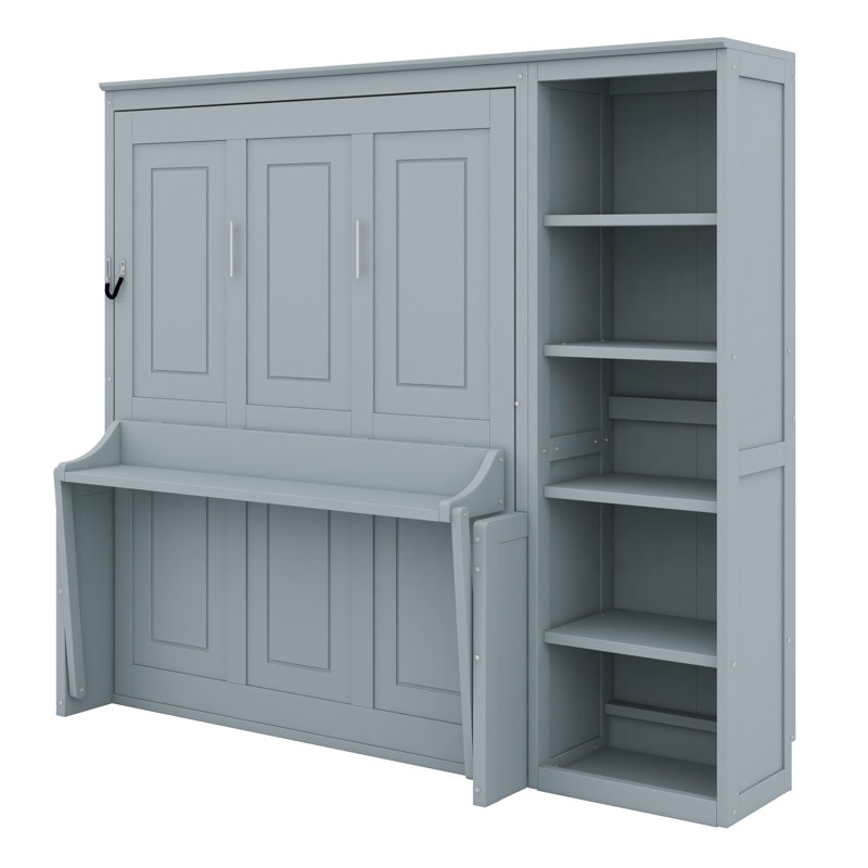 Lit escamotable peu encombrant avec bureau intégré et bibliothèque, Gris