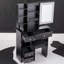 Petit meuble-lavabo de 29,2 po avec tabouret de bureau et tabouret rembourré à gauche 29,5 po, grande commande tactile, interrupteur tricolore, miroir à luminosité réglable, rangement à grande capacité, convient aux petits espaces