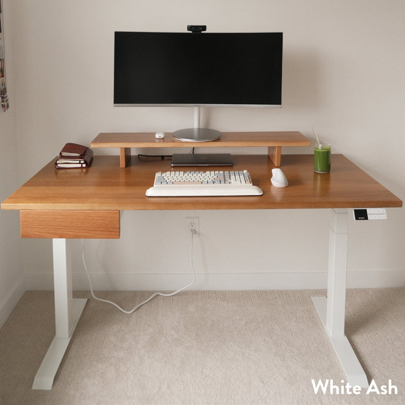 Medina Adjustable Height Solid Wood Steel Standing Desk, Teak / White
