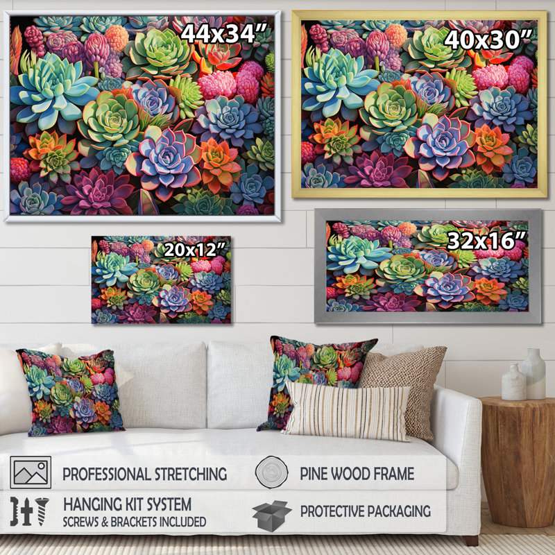 Plantes succulentes colorées, abondance de plantes grasses, H 34 po x l 44 po x P 1,5 po, Toile tendue