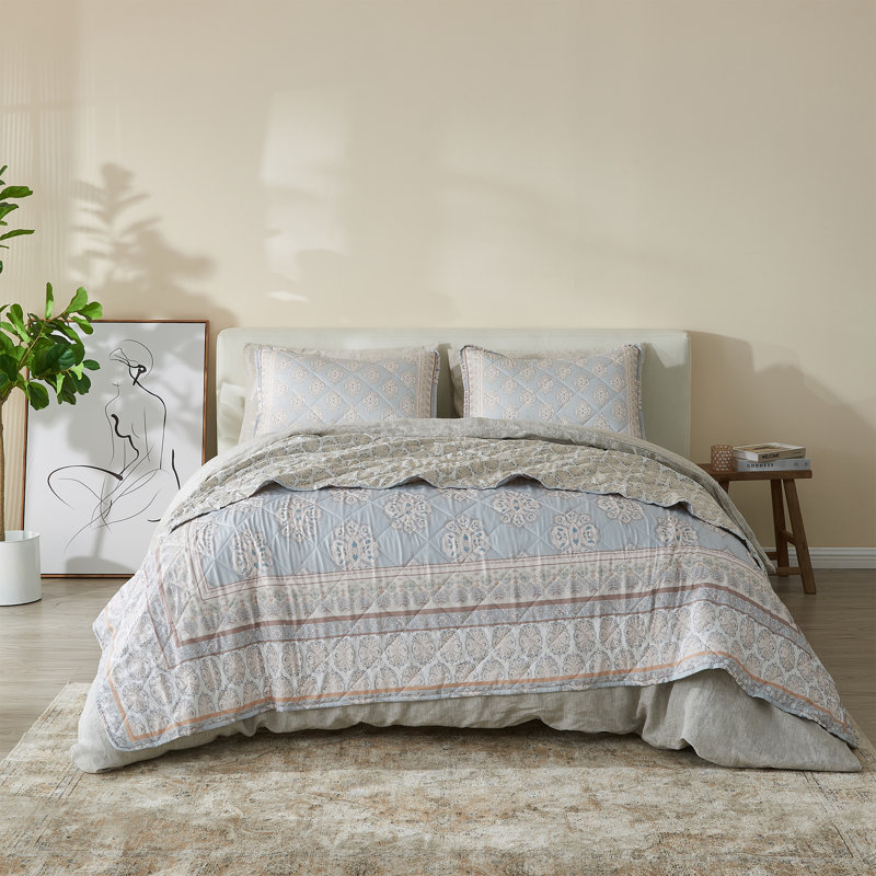 Boho Printed Bordered Quilt Set with Shams, Twin / Twin XL Quilt + 1 Standard Sham, Natural