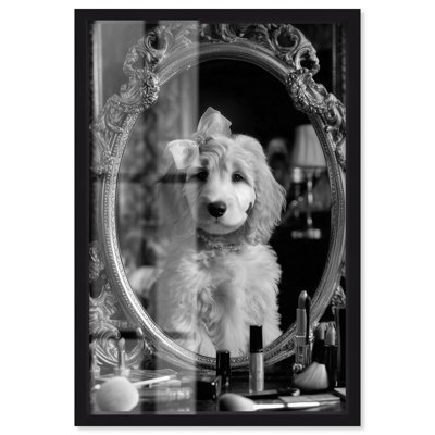 Goldendoodle at the Vanity Shadowbox Print Fun Bathroom Art by Art Remedy, Black Frame, 10 x 15