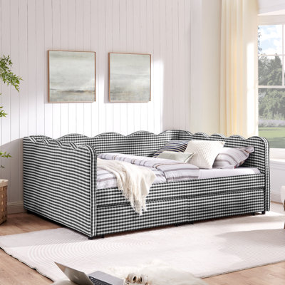 Grand lit de jour en vichy confortable avec deux tiroirs de rangement, port USB et adorable tissu en forme de vague