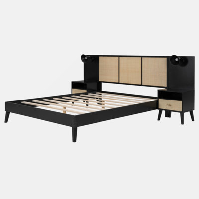 Queen Size Solid Wood Bed Frame With 2 Nightstands, Elegant Design With Lamps, Rattan And Wood Combination