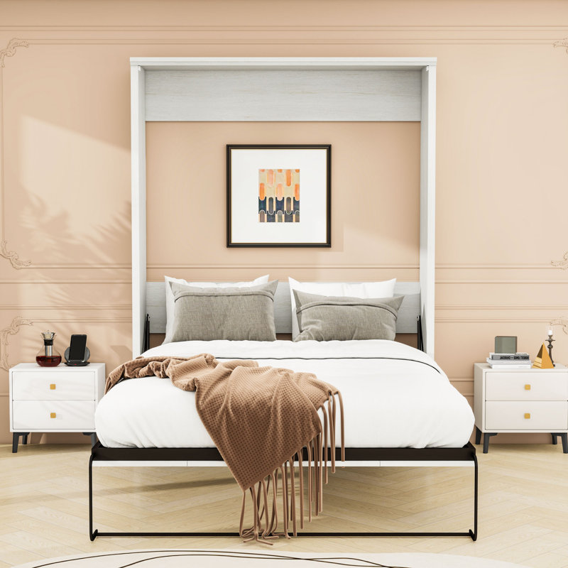 Grand lit escamotable en bois avec lattes , Rustic White