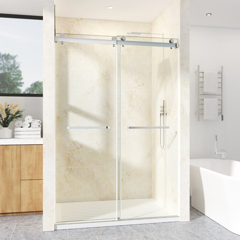 44-49" W x 72" H Frameless Double Sliding Shower Door with 3/8" (10mm) Clear Tempered Glass, Shatter-Resistant Film & Installation Hole Locator