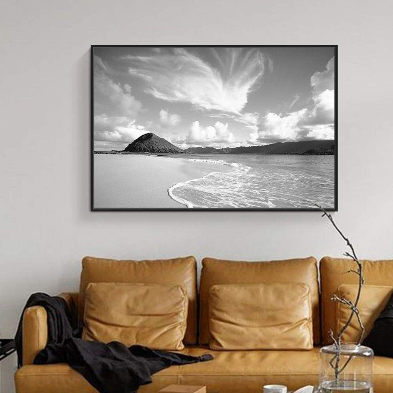 Black and White Coastal Beach Nautical Water Canvas Prints for Living Room Bedroom Decor H01, Black Floater Framed