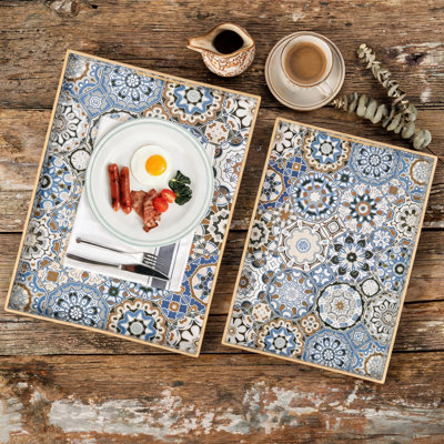 2 Pack Bohemian Serving Trays with Handles Blue Coffee Table Ottoman Breakfast Decor Trays