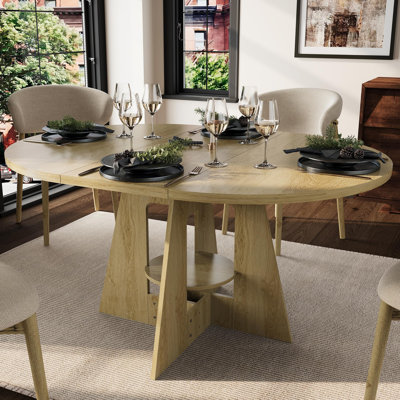 59" Oval Farmhouse Dining Table with Storage Shelf & Wood Pedestal Base, Natural Wood, Seats 4-8