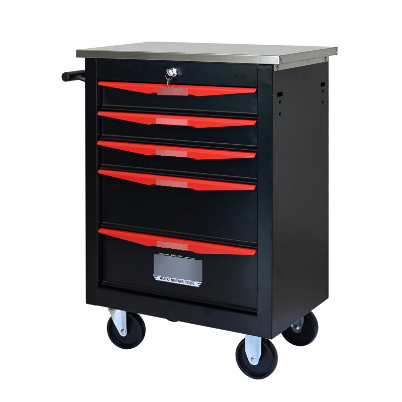 Chariot à outils d'atelier 5 tiroirs avec roues verrouillables - Métal robuste noir et rouge 5 thermolaqués, Noir et rouge