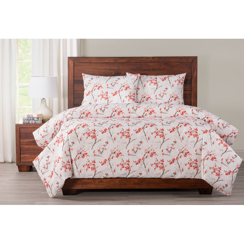 Ensemble de housse de couette en microfibre rouge / blanc Tree Blossom, Cal. King Duvet Cover + 2 King Shams