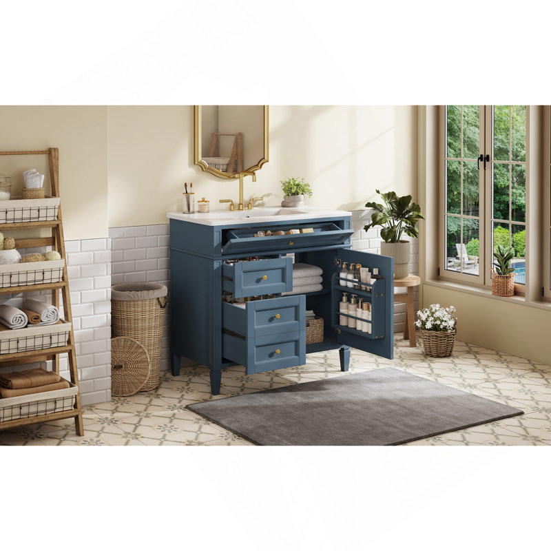 Meuble-lavabo 36 po avec lavabo supérieur, meuble-lavabo moderne avec 2 tiroirs et tiroir escamotable, meuble-lavabo simple