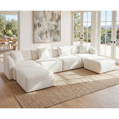 Canapé modulaire de 143 po pour le salon, canapé convertible en forme de U sans os avec 2 repose-pieds mobiles, canapé 4 places avec nuage, canapé-lit profond et confortable, blanc