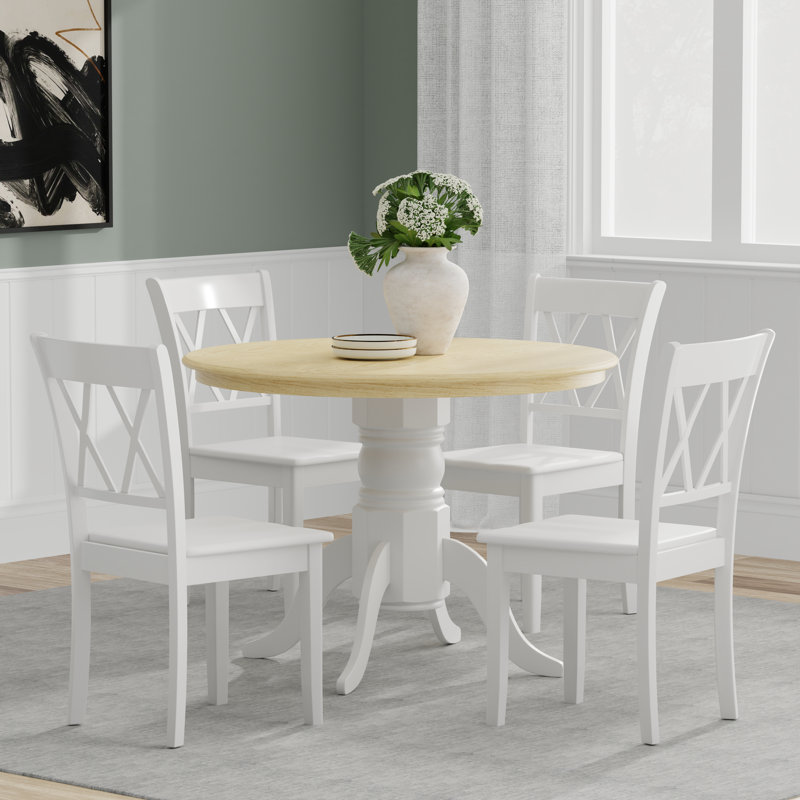 Ensemble de salle à manger en bois massif 4 personnes Ulancy, Blanc, Naturel / Blanc, Ensemble repas 5 pièces