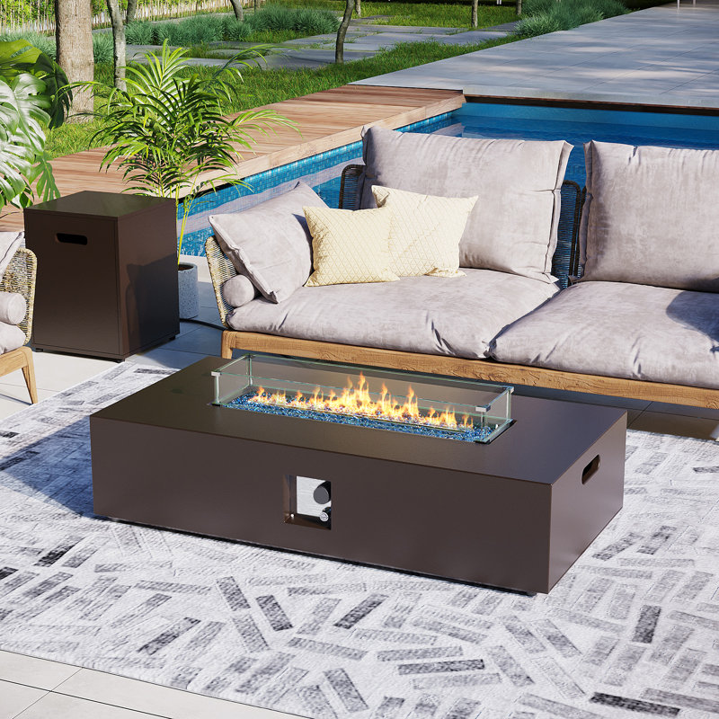 Dzmitry 56-Inch Rectangular Iron Propane Outdoor Fire Pit Table with Tank Cover, Lid, Rain Cover and Wind Guard, Brown