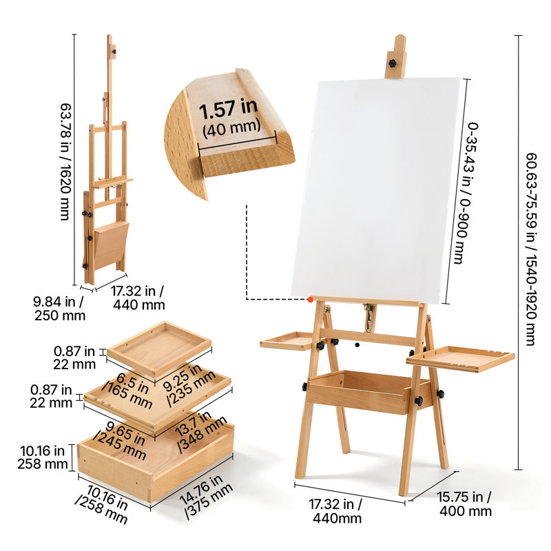 Studio H-Frame Easel Holds Canvas Up to 35.43" Solid Beech Wood Frame, For Artists Painting, Adjustable Height & Angle, Multi-Function Wooden Art Easel with Storage Box & Trays, Natural Color