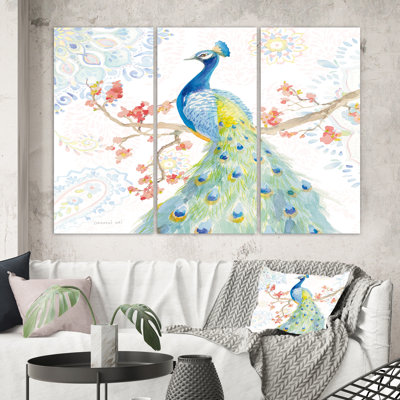 " Peacocks Watercolor II " 3 Piece Art Watercolor Painting
