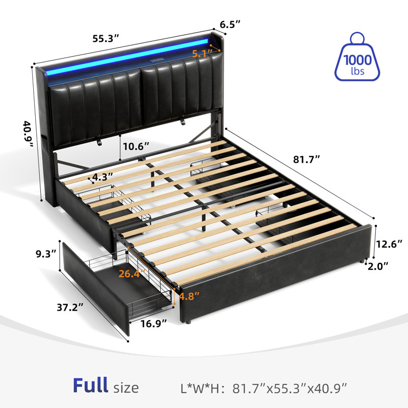 Sharella Upholstered Storage Bed With Charging Station And LED Lights, Full / Double