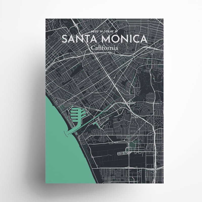 Santa Monica, carte de la ville, impression, Vert/gris, H 27,6 po x l 19,7 po