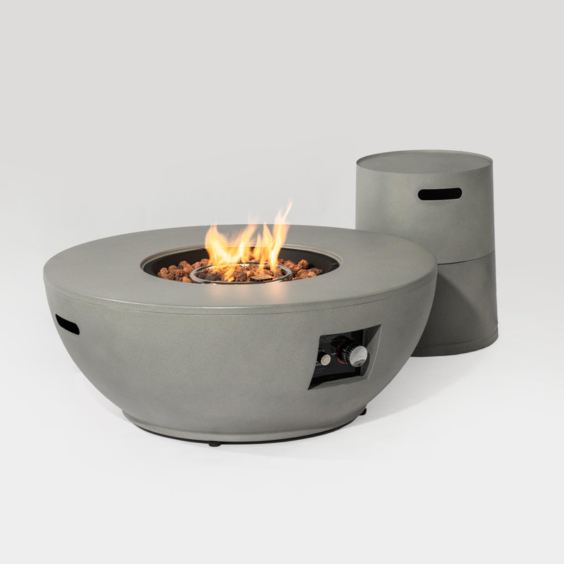 36“ W x 15" H Round Outdoor Propane Fire Pit Table in Solid Concrete color 50,000BTU with Lid and Hideaway Tank Cover as Side table