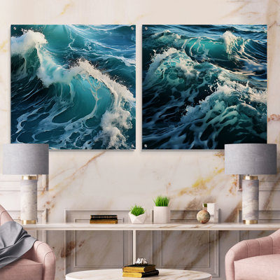 Fauvisme «Blue Waves - Ocean», ensemble de 2 peintures murales en acrylique