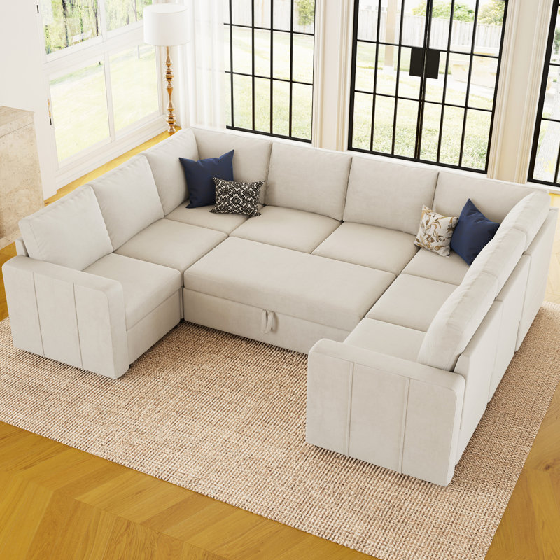 Seybert Large U Shaped Modular Sectional Sofa Pull Out Sofa Bed Sleeper Convertible Corner Sofa, Beige Velvet