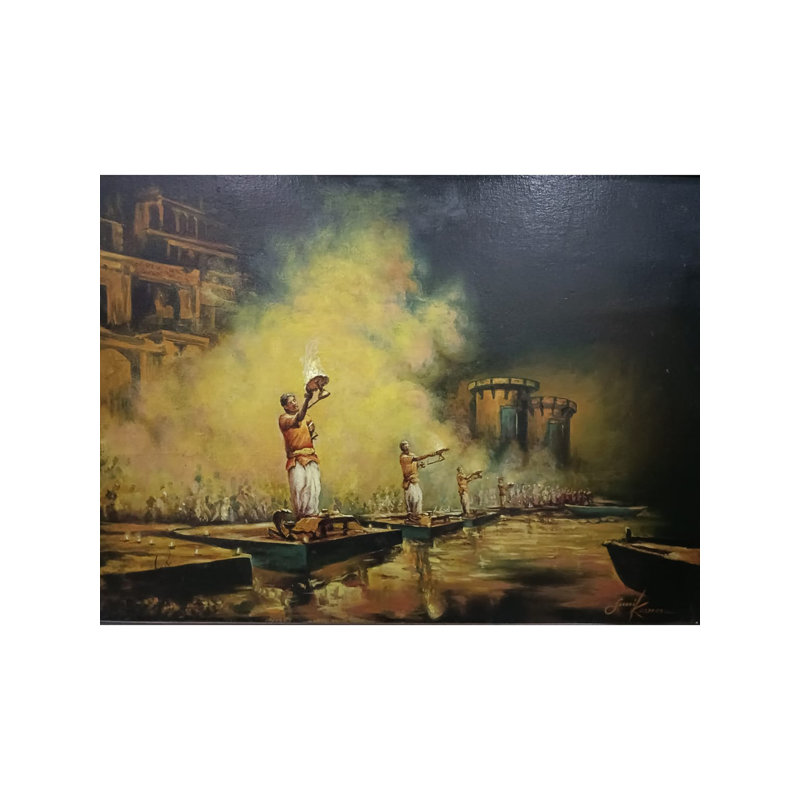 Morning Aarti à Banaras Ghat | Acrylique sur toile | Par Sunil Kapoor