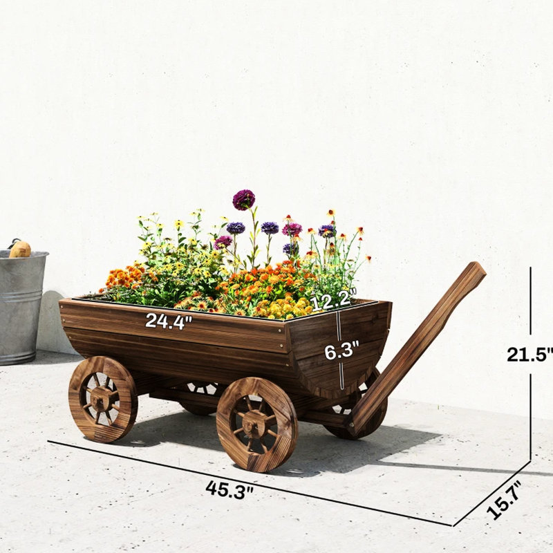 Brouette mobile - Jardinière en forme de jardin, bois, grand espace pour les pots de fleurs, drainage, poignée, finition de chariot en bois de style rétro, espace de plantation, option de mobilité facile