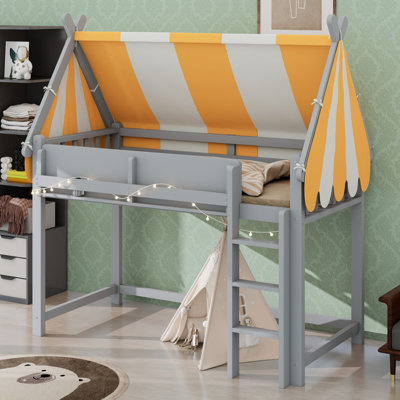 Loft Bed With Canopy, LED Lights, And Book Shelf