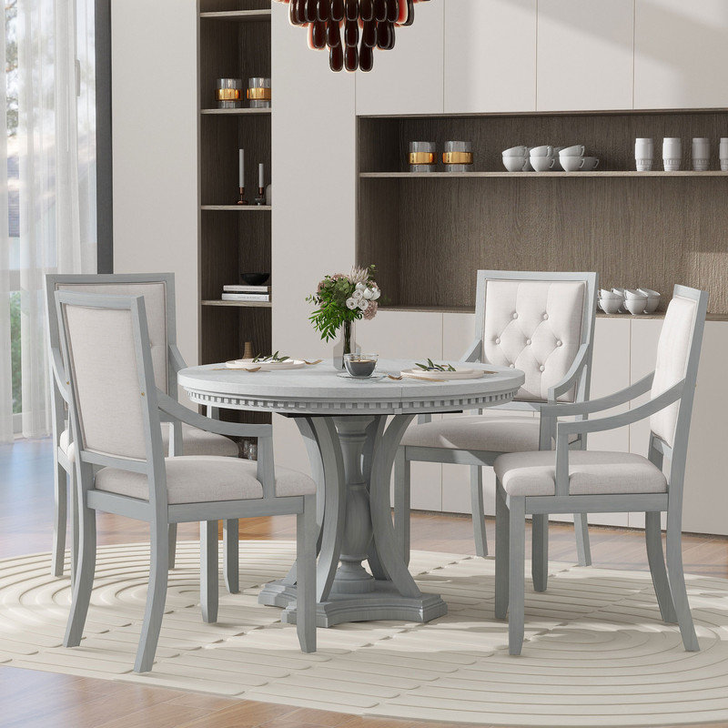 Bowlds Retro 5-piece Dining Set Extendable Round Table and 4 Chairs,Round Table Top with Leaf,dining table set,dining room set